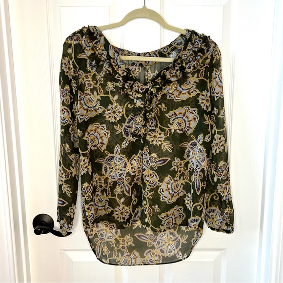 ⭐️ Zara Basic Printed Sheer Flowy Long Sleeve Blouse Ruffle Collar Size MEDIUM - Picture 1 of 10